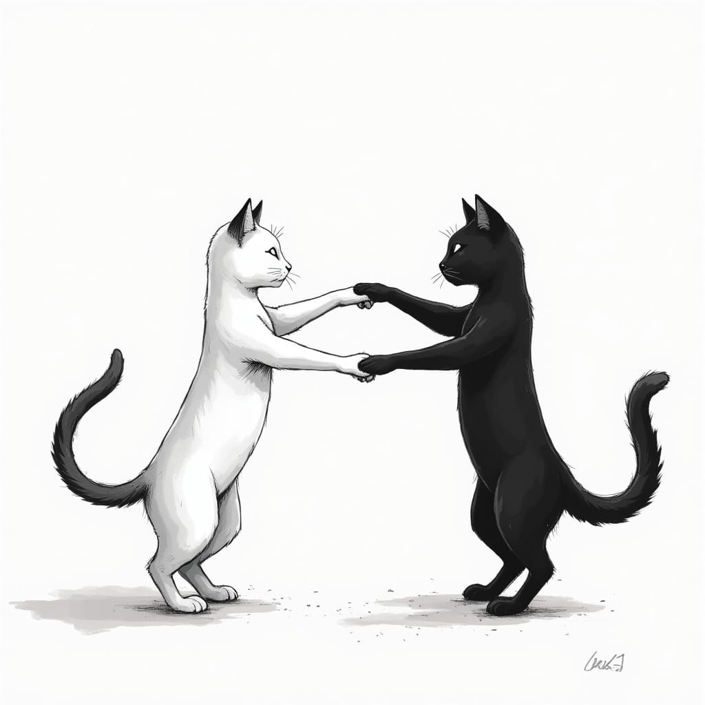 Siamese Cats Practice Tai Chi in Ink Drawing Style