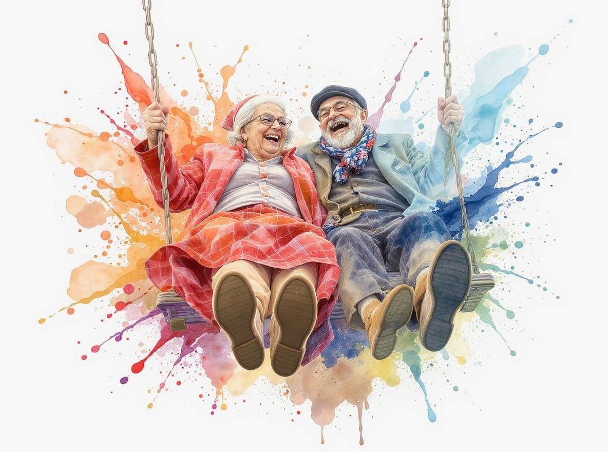 Laughing Couple on a Swing in Watercolour Style