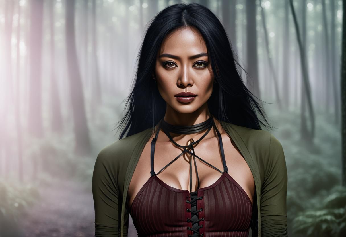 Hyper-Realistic Portrait of Woman in Misty Forest