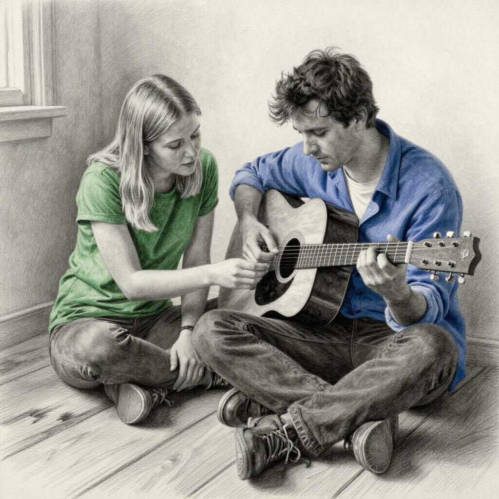 Realistic Pencil Drawing: Guitar Lesson Scene