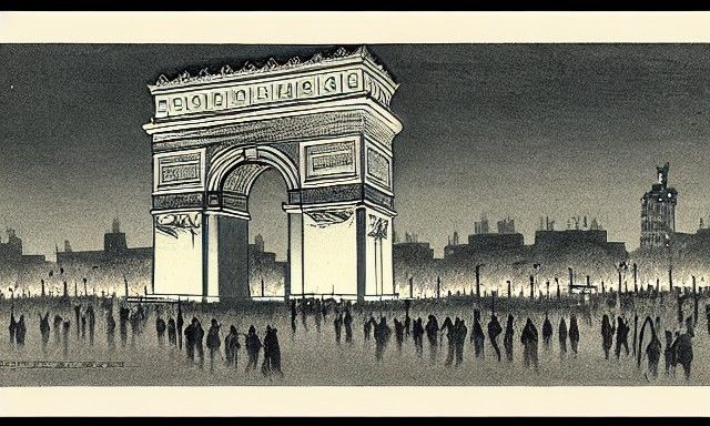 The Arc de Triomphe lit up at night shin hanga ink drawing 1...