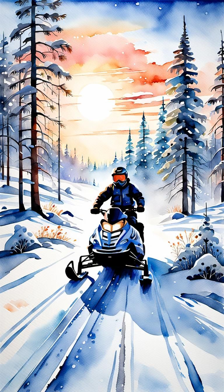 Lapland Snowmobiles in Watercolor Under Midnight Sun
