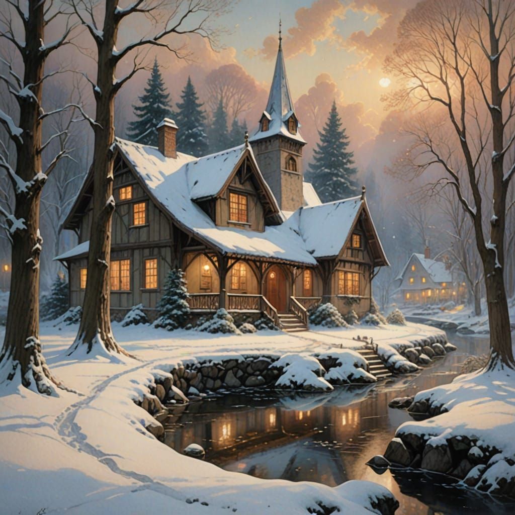 Whimsical Winter Wonderland with Friends Surrounding a Snowy...