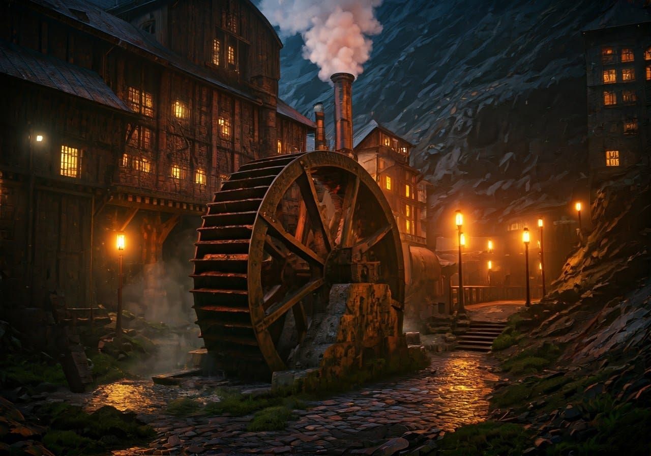 Forgotten Steampunk Factory Waterwheel in Industrial Valley