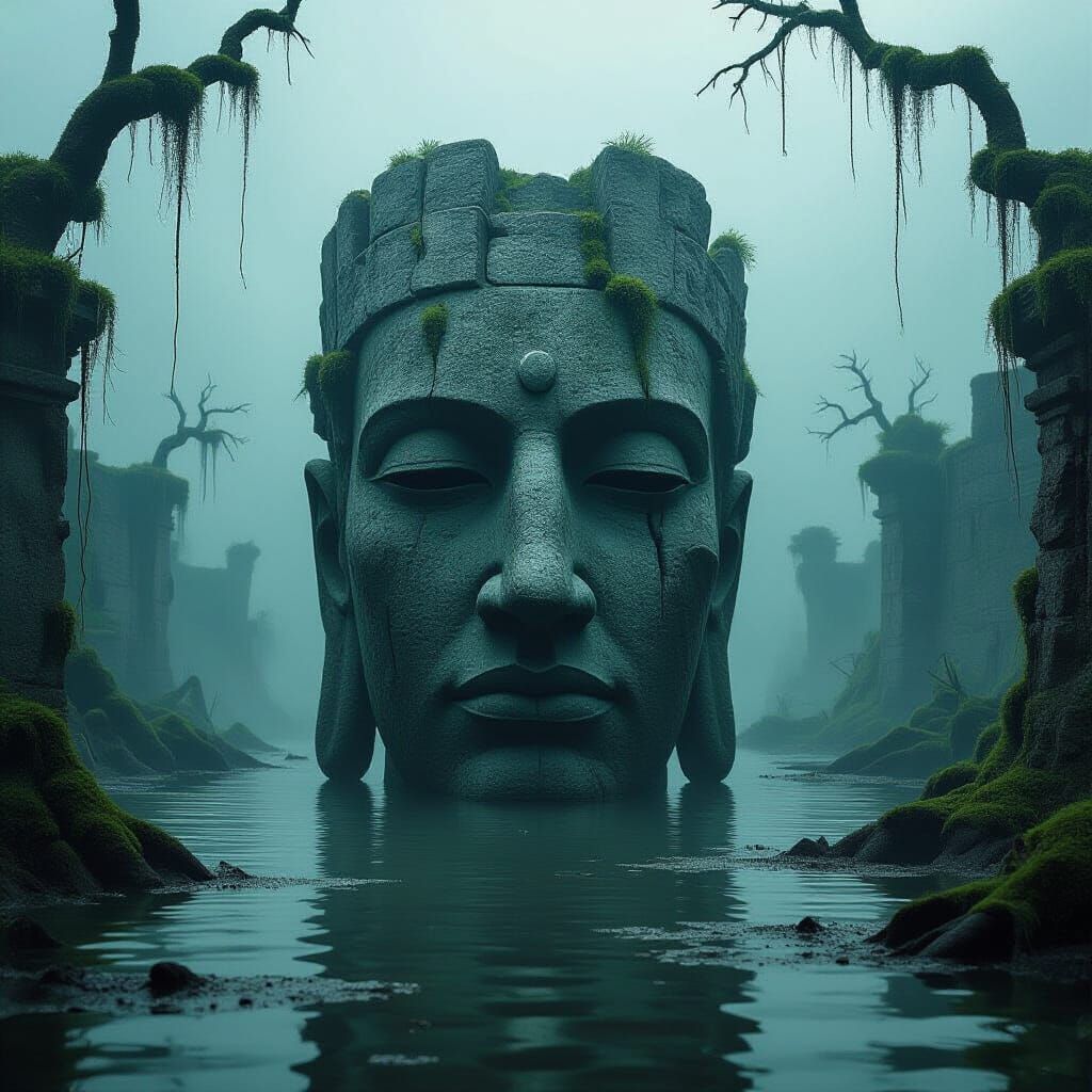 Colossal Stone Head in Misty Swamp, Lost Civilization