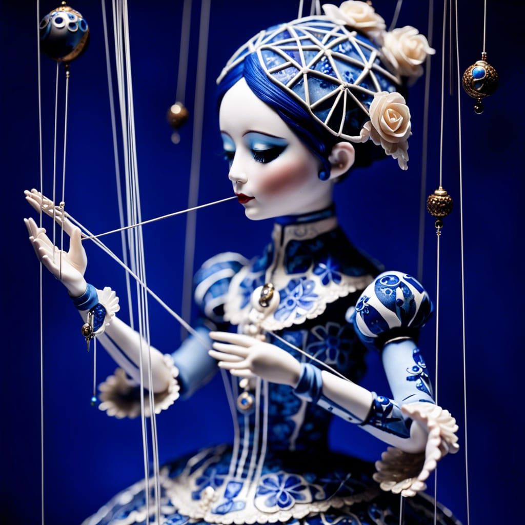 Porcelain Doll Puppet with Umbrella, Pointillism Style