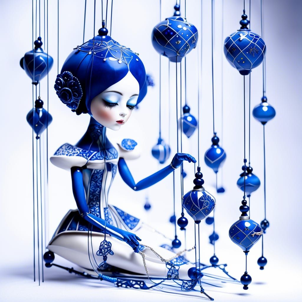 Porcelain Doll Puppet with Umbrella in Spacecore Style