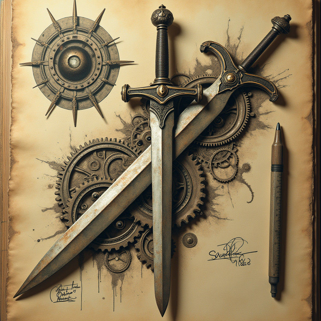 Steampunk Sketch: Sword, Monitor, Gear, and Ruler