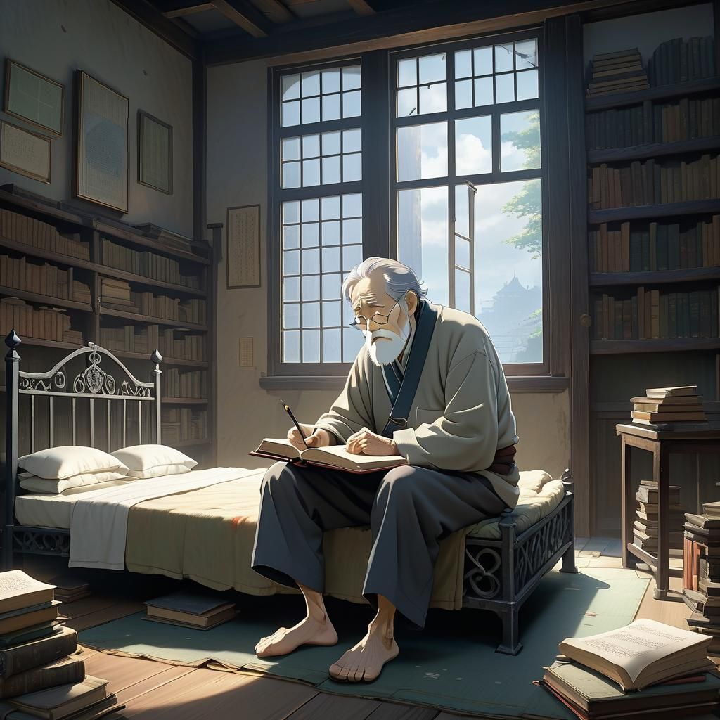 Elderly Man Writing Story: Ghibli-esque Anime Key Visual
