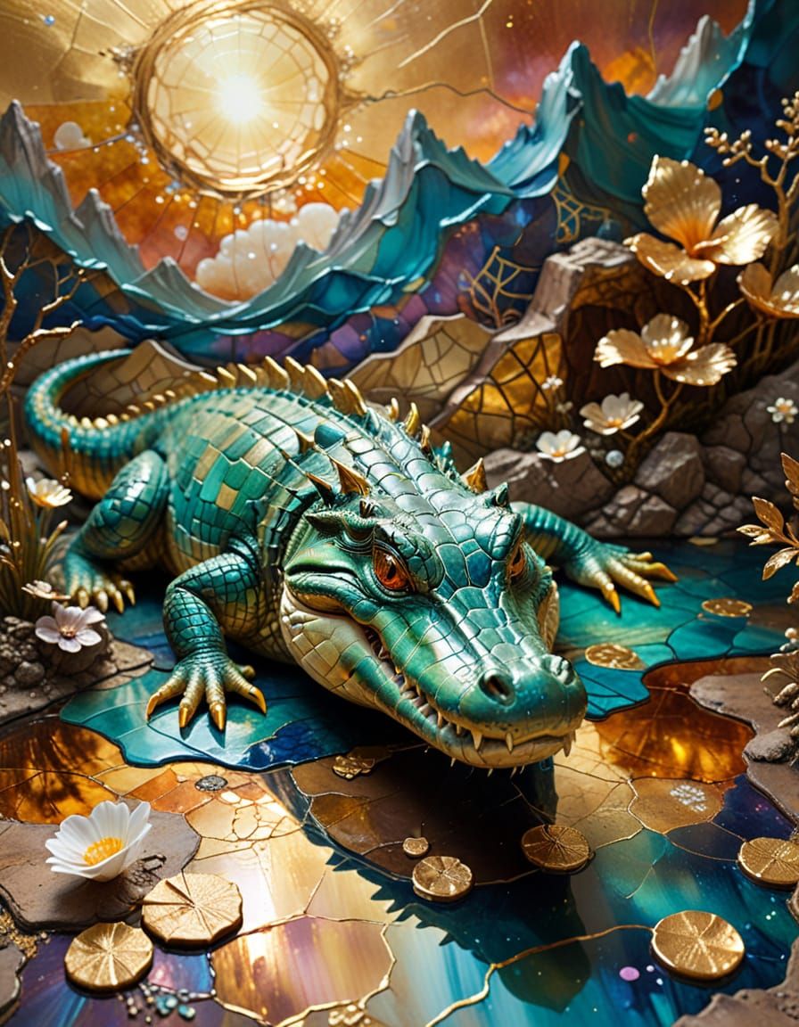 Kintsugi Crocodile and Duckling in Surreal Landscape