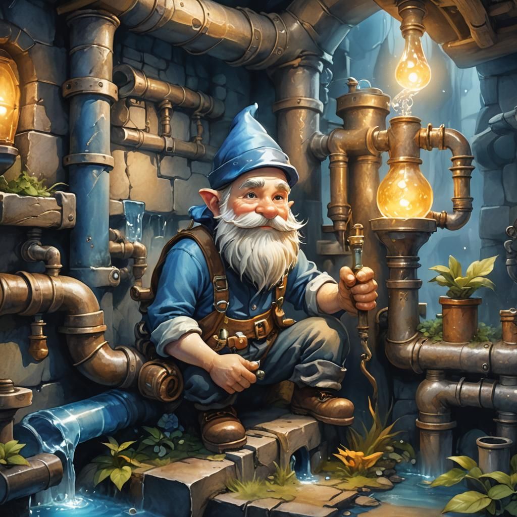 Gnome Plumber in Mystical Dungeon: Watercolor Fantasy