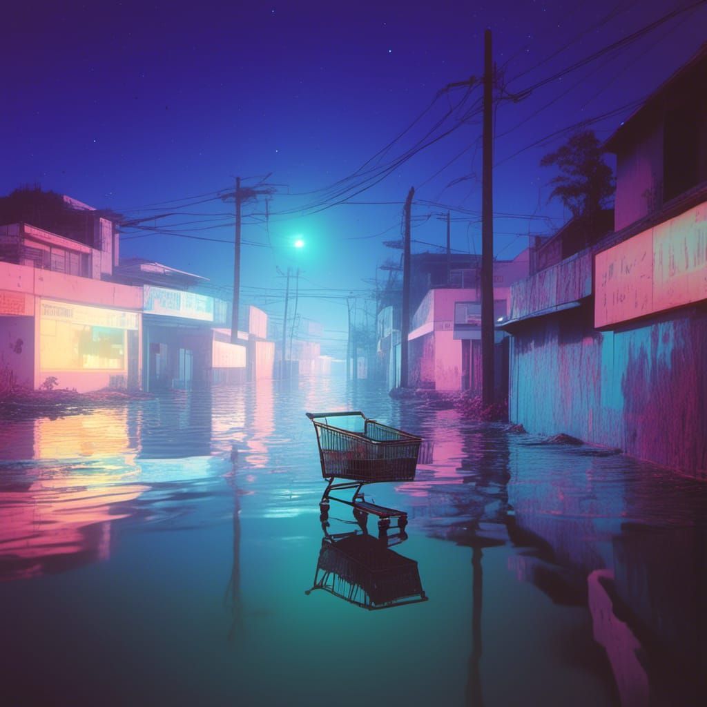 Vaporwave Dreamscape: Submerged Liminal Suburb at Night