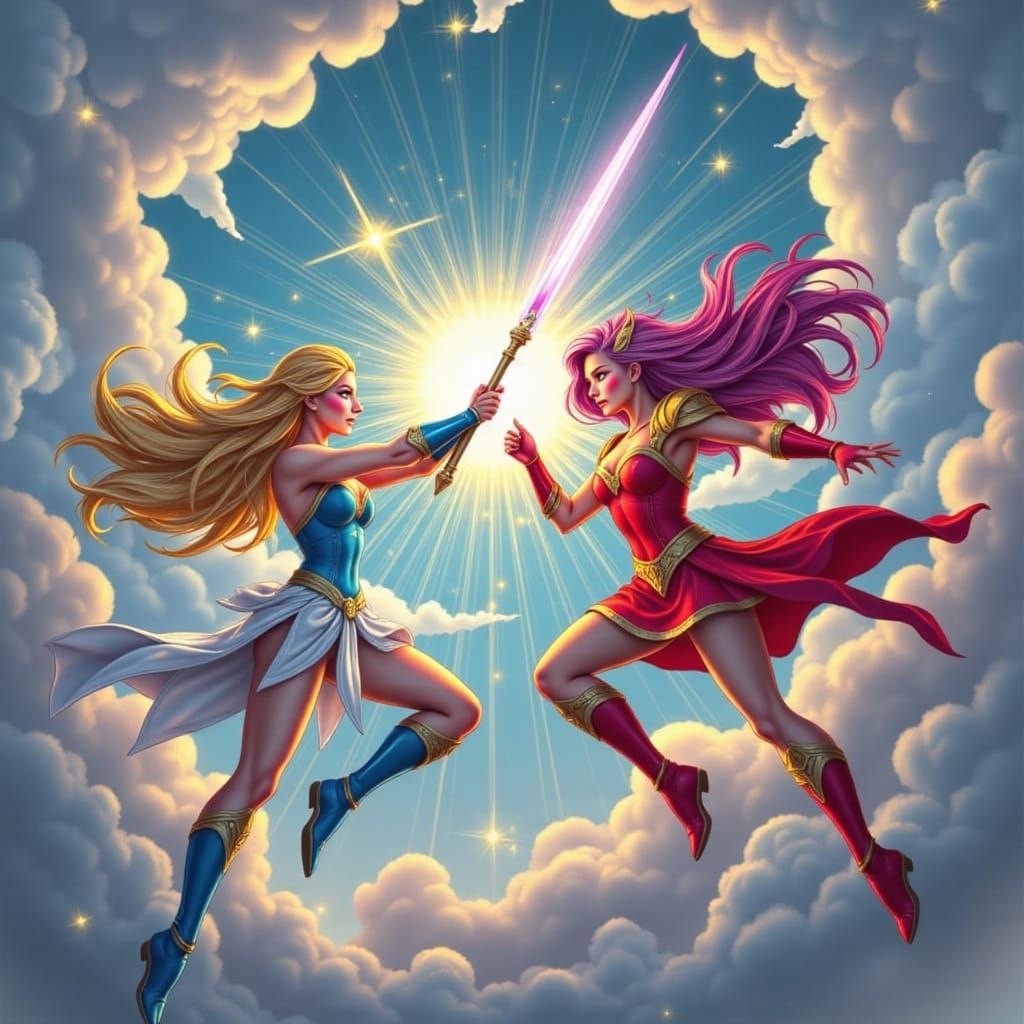 She-Ra and Catra Battle in Vibrant Sky