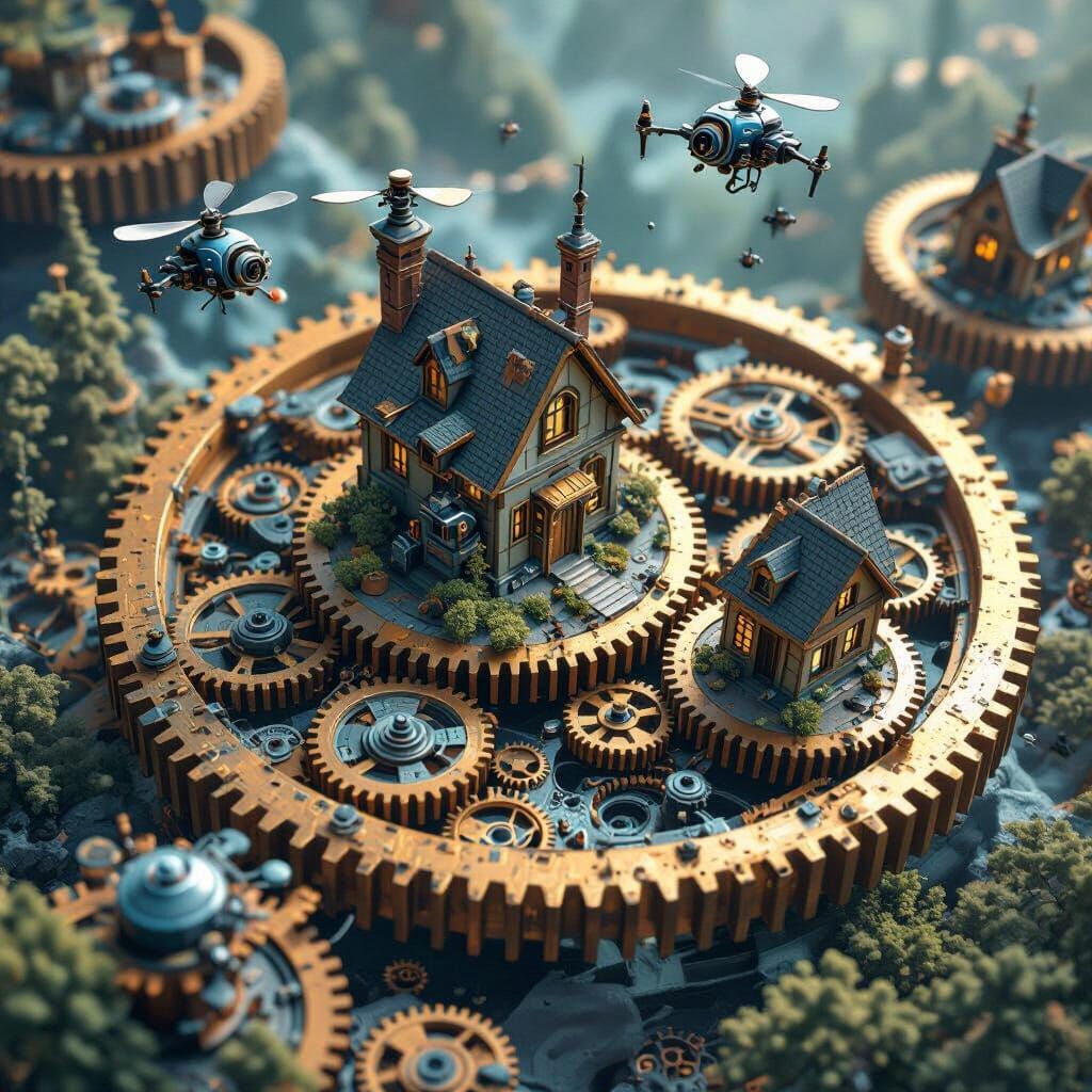 Gears Landscape with Houses and Flying Robots