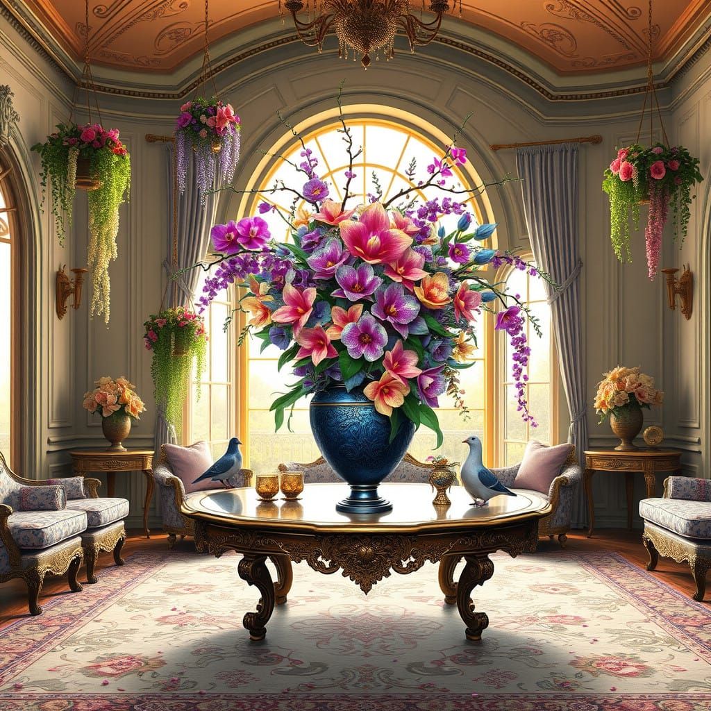 Luxurious Living Room with Vibrant Vase and Exotic Blooms