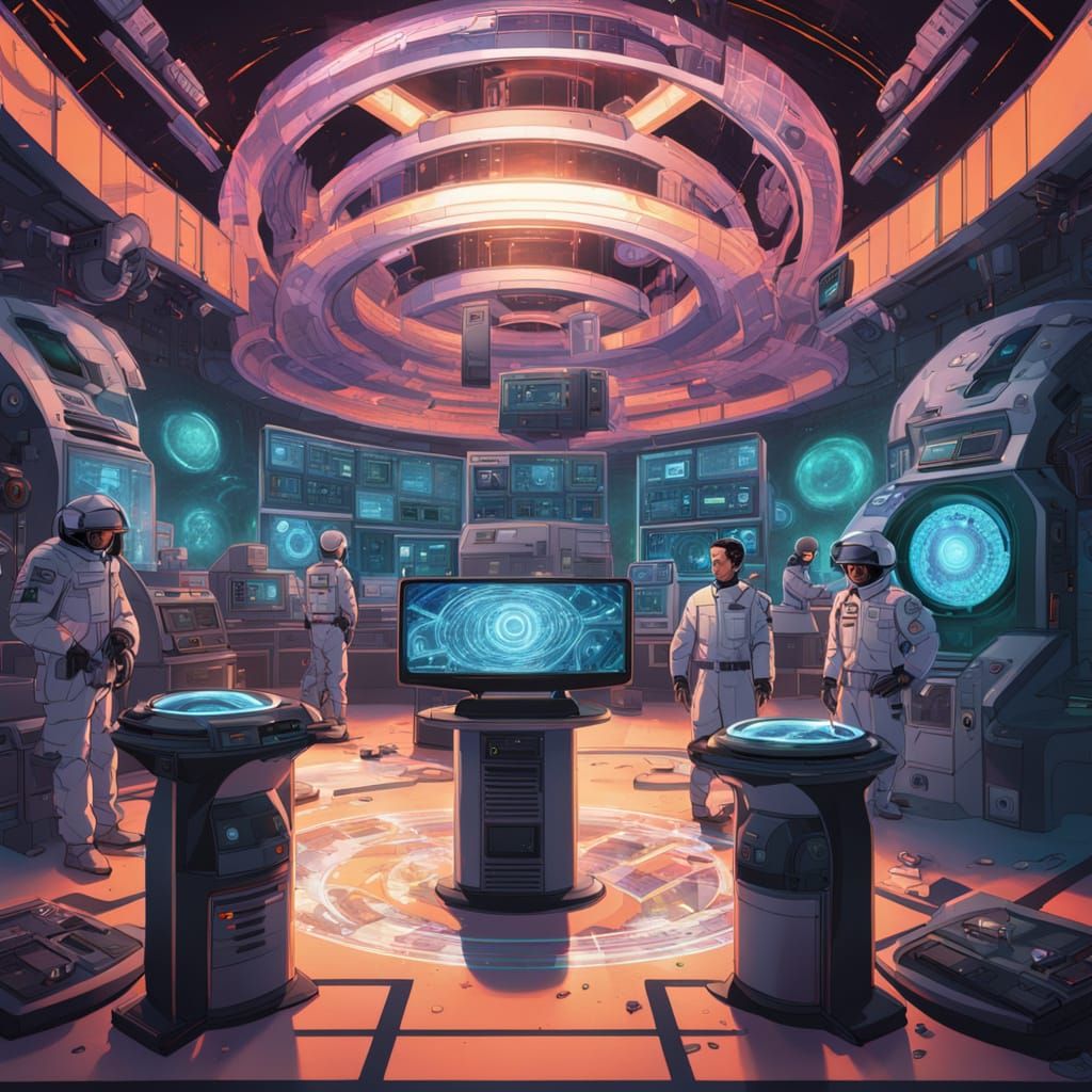 Scientists in Futuristic Lab Contemplate Cosmic Portal