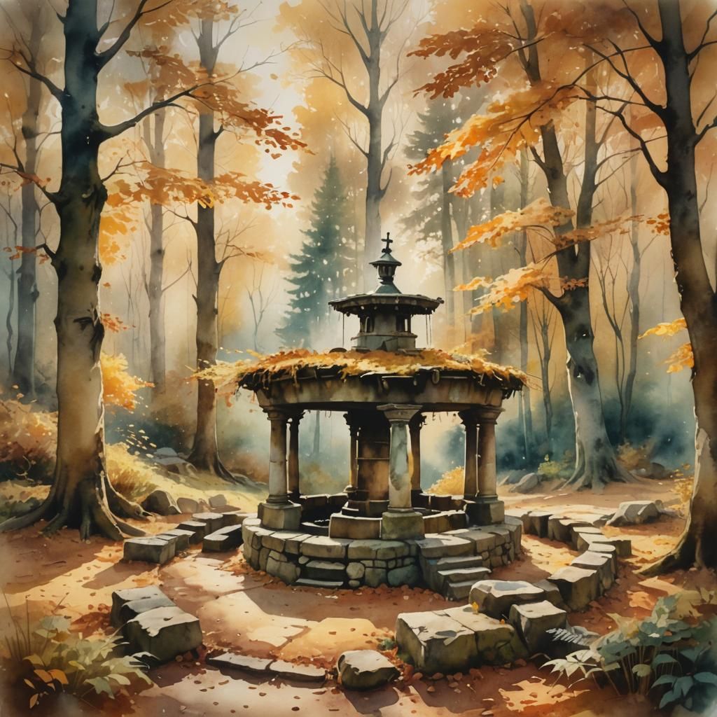 Old Well in Autumn Forest: Watercolor Impression