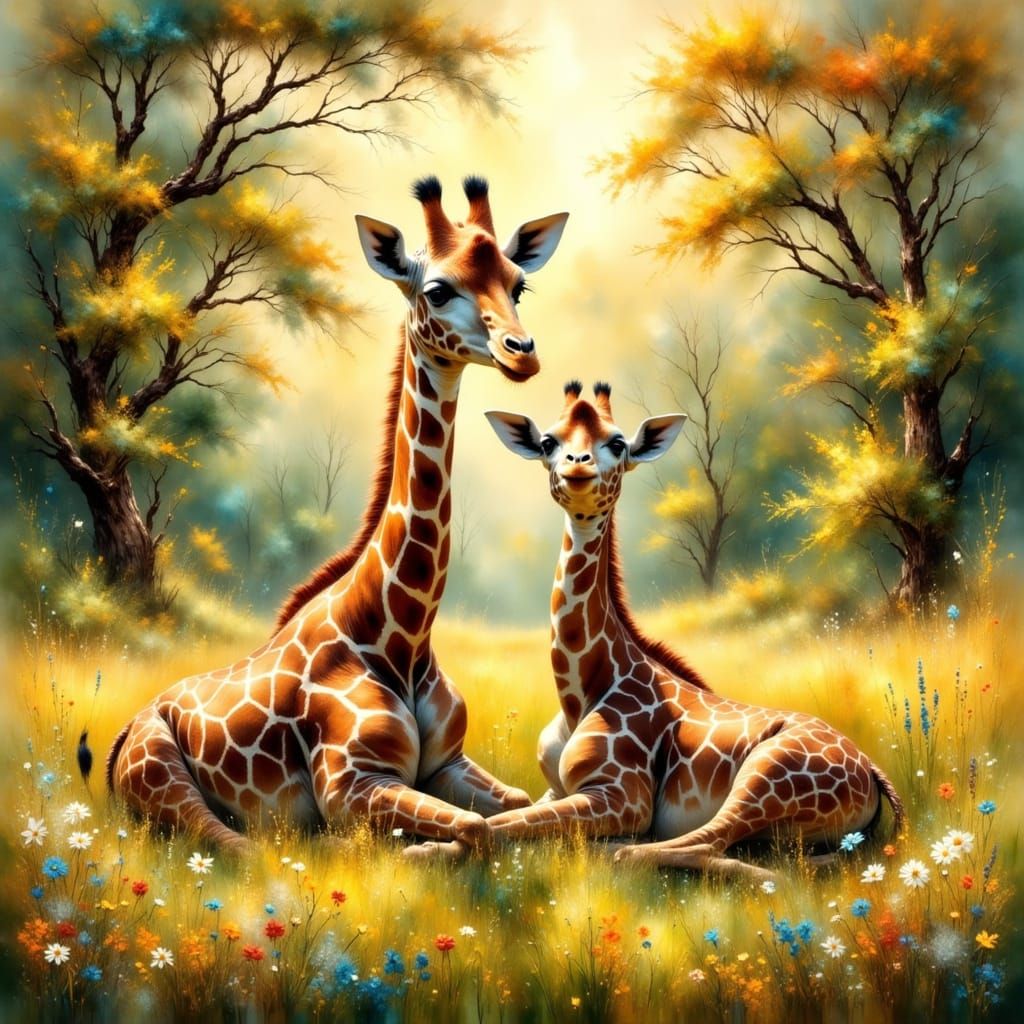 Giraffes in African Woodland as Impasto Painting
