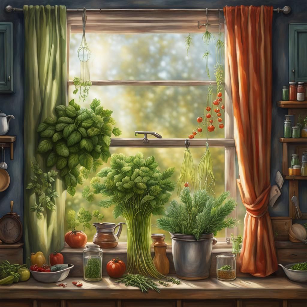 Hyperrealistic Herbs in Kitchen Window with Garden