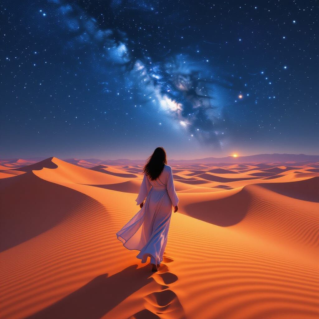 Surreal Desert Nightscape with Woman in Flowing Robe