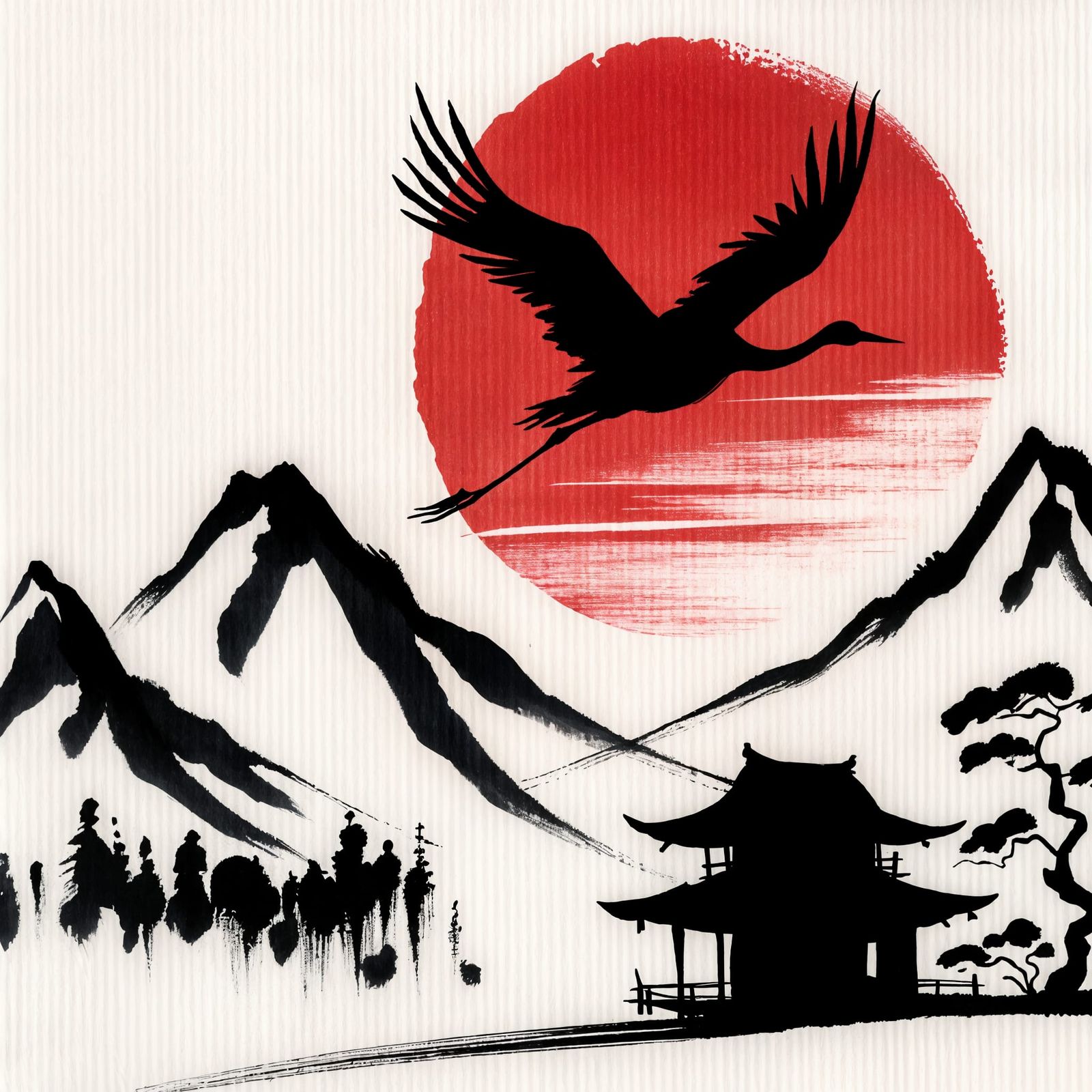Ethereal Crane Takes Flight in Japanese Sumi-e Style