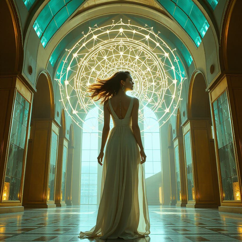 Mythic Futuristic Woman in Luminous Geometry Hall