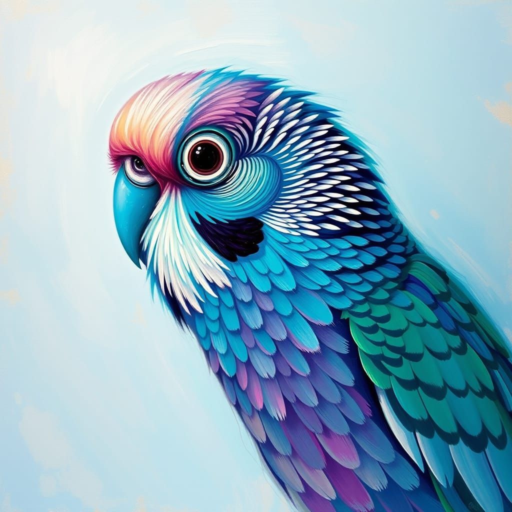Surreal Budgerigar Portrait in Dreamlike, Abstract Expressio...