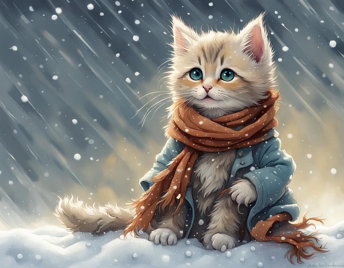 Snowy Kitten Portrait in Fantasy Digital Art Style