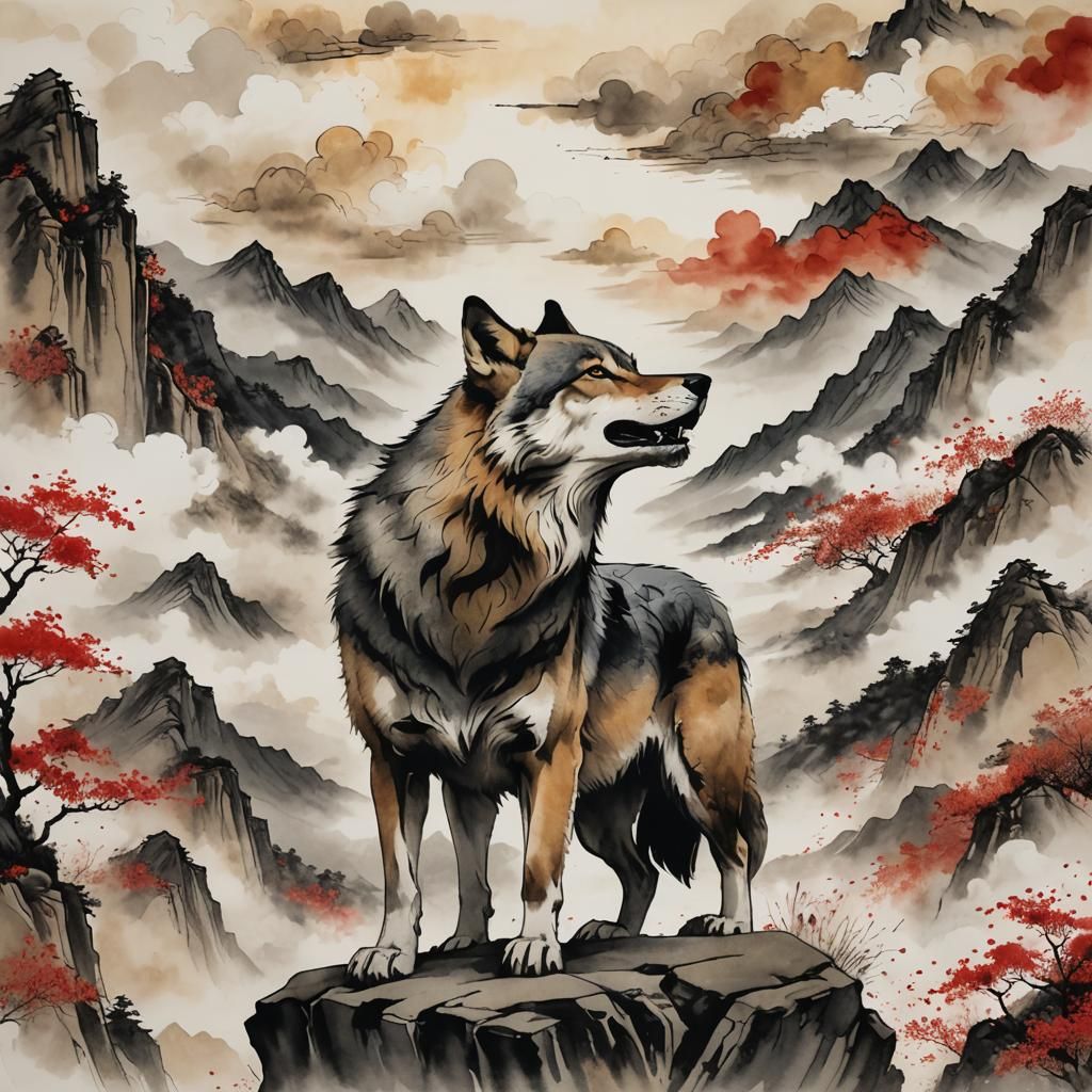 Majestic Wolf Howling in Chinese Ink Painting