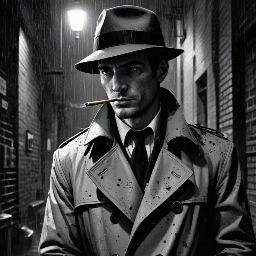 Vintage Detective in Rainy Alleyway, High Contrast Black and...