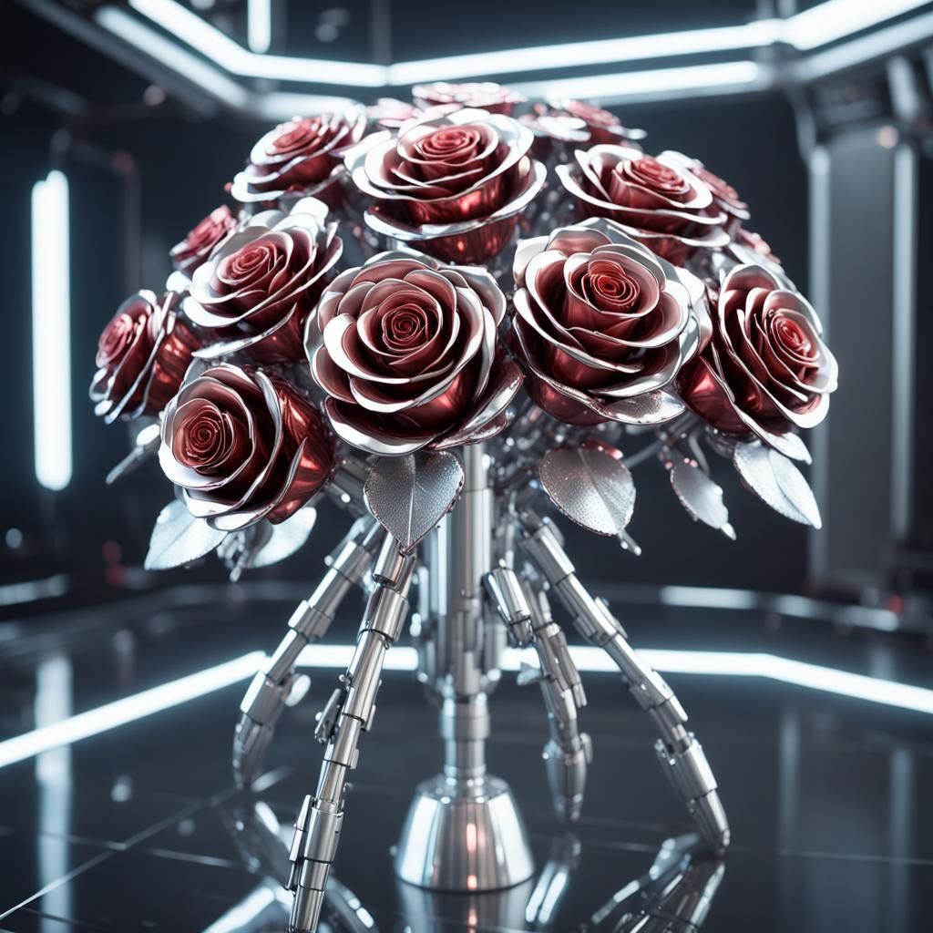 Futuristic Aluminum Roses: Sci-Fi Bouquet in 8K
