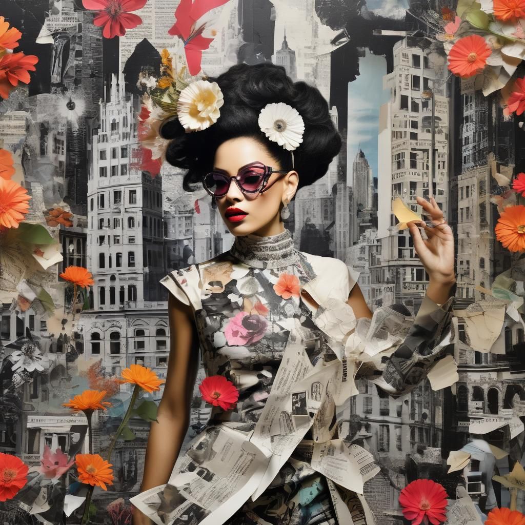 Surrealist Photogram Collage of Performer in Cityscape