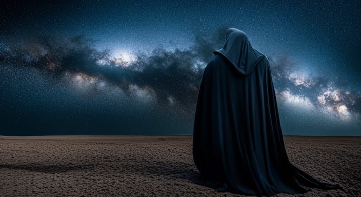 Grim Reaper Contemplates Stars on Dark Night