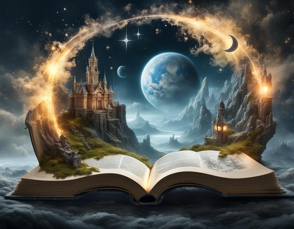 Fantasy World Emerging from Book with Mystic Fog
