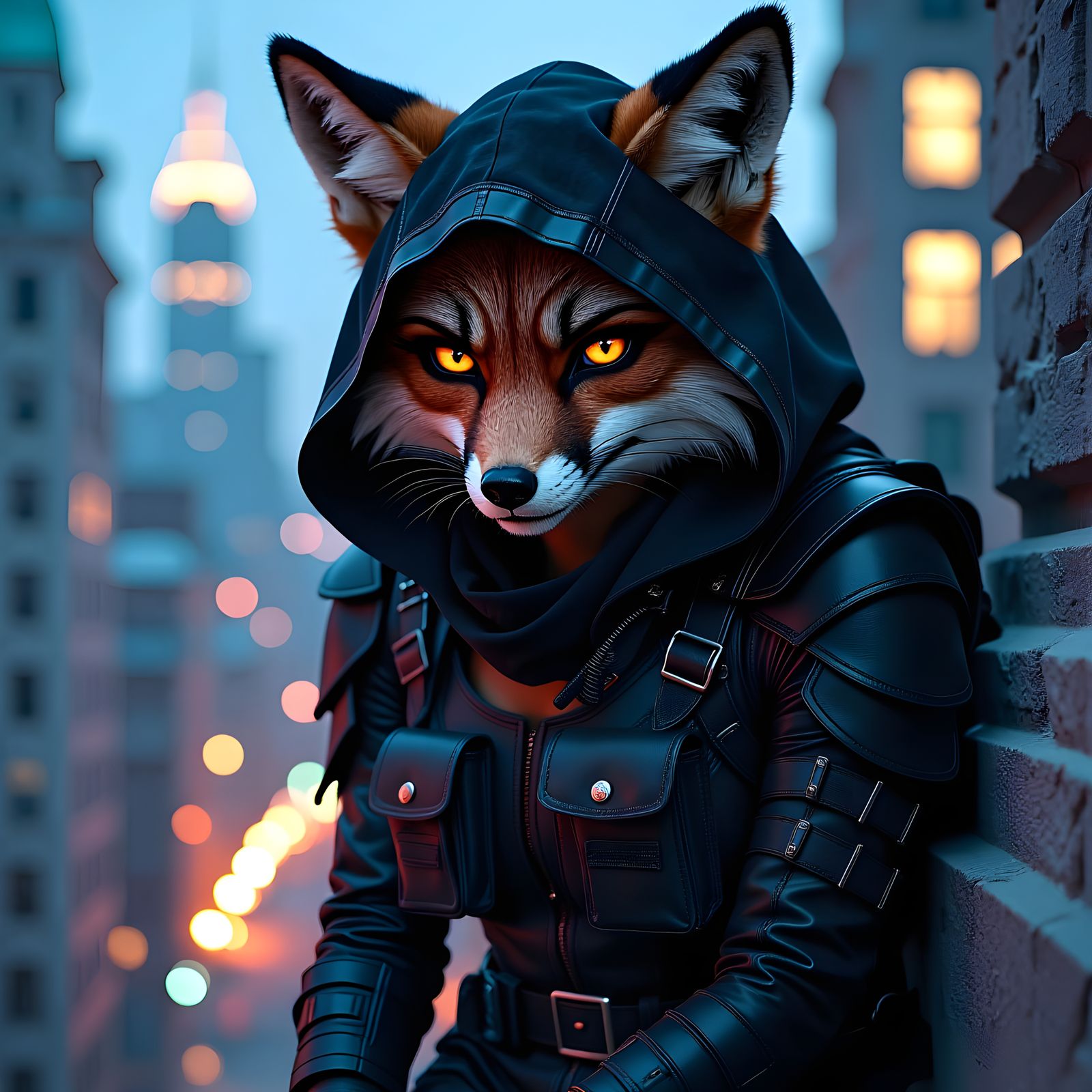 Fox Assassin Perched Above Art Deco City