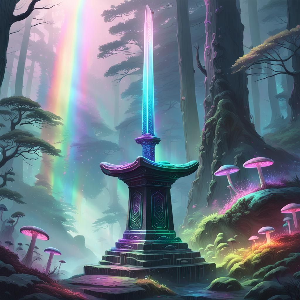 Rainbow Katana in Dreamlike Sci-Fi Forest