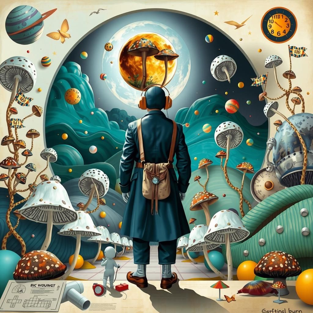 Surreal Mushroom Bureaucracy with Linocut Sculpture