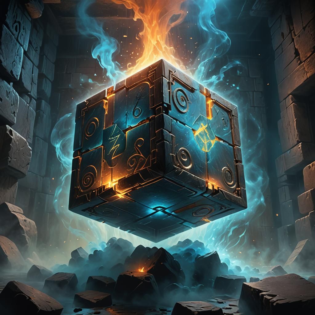 Glowing Energy Cube in Dark Chamber, Frazetta Style
