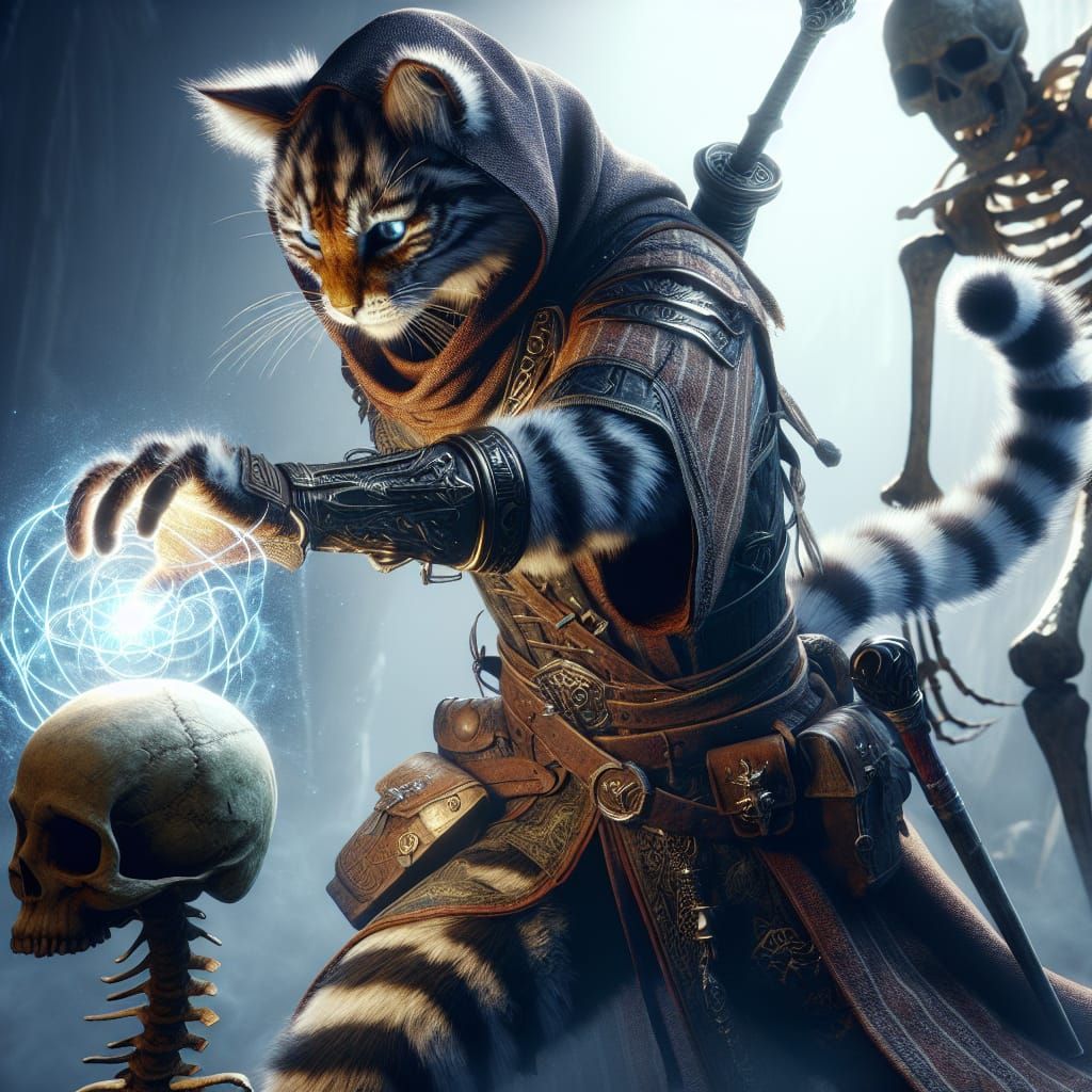 Tabaxi Warlock Battles Skeleton in Photorealistic Detail