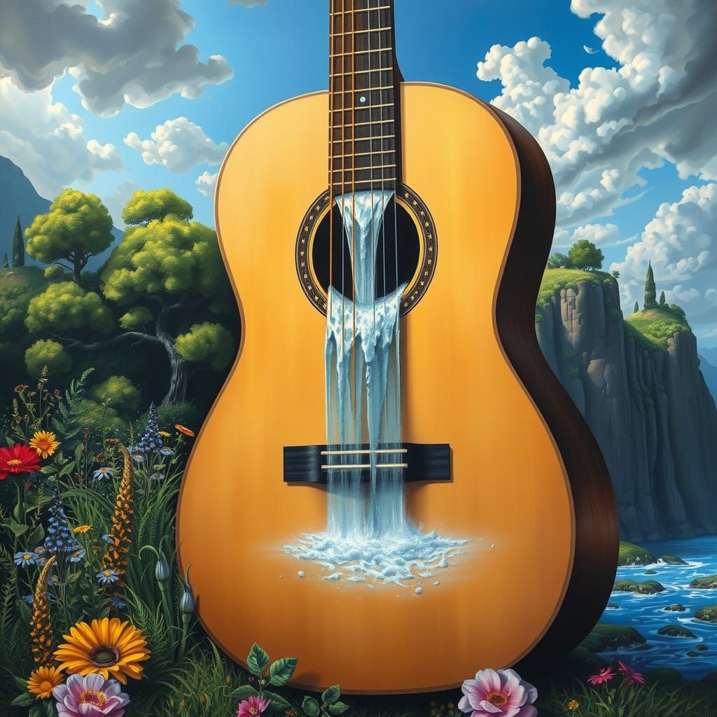Surreal Guitar Landscape with Waterfall and Lush Growth