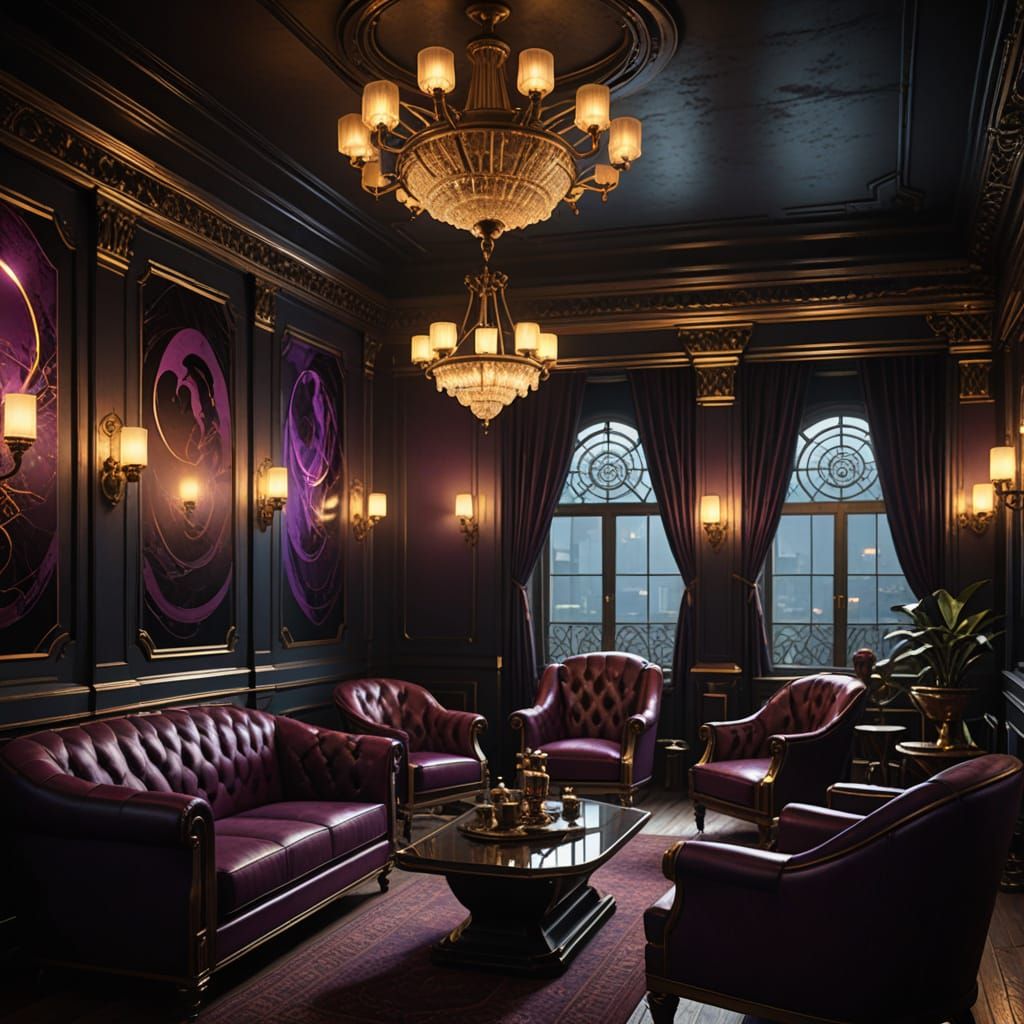 Dark Fantasy Speakeasy Meeting in Art Deco Style