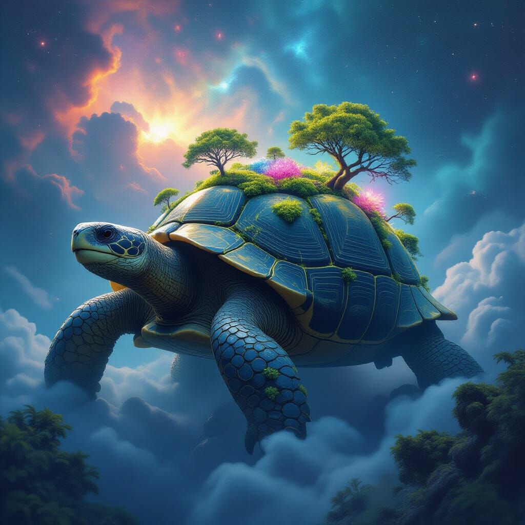 Giant Ancient Tortoise Drifts Through Cosmic Nebula Sky