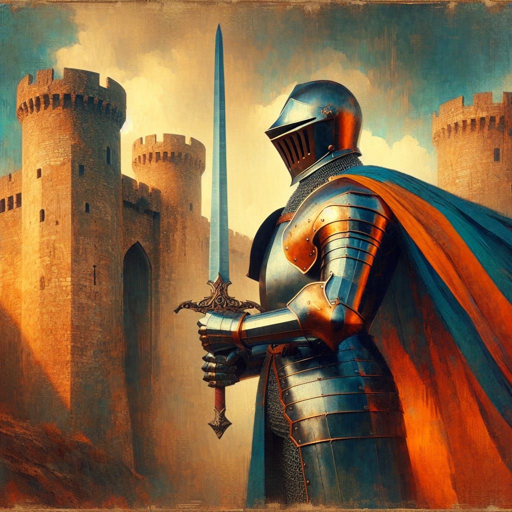 African Knight in Armor Before Castle, Romanticism Art