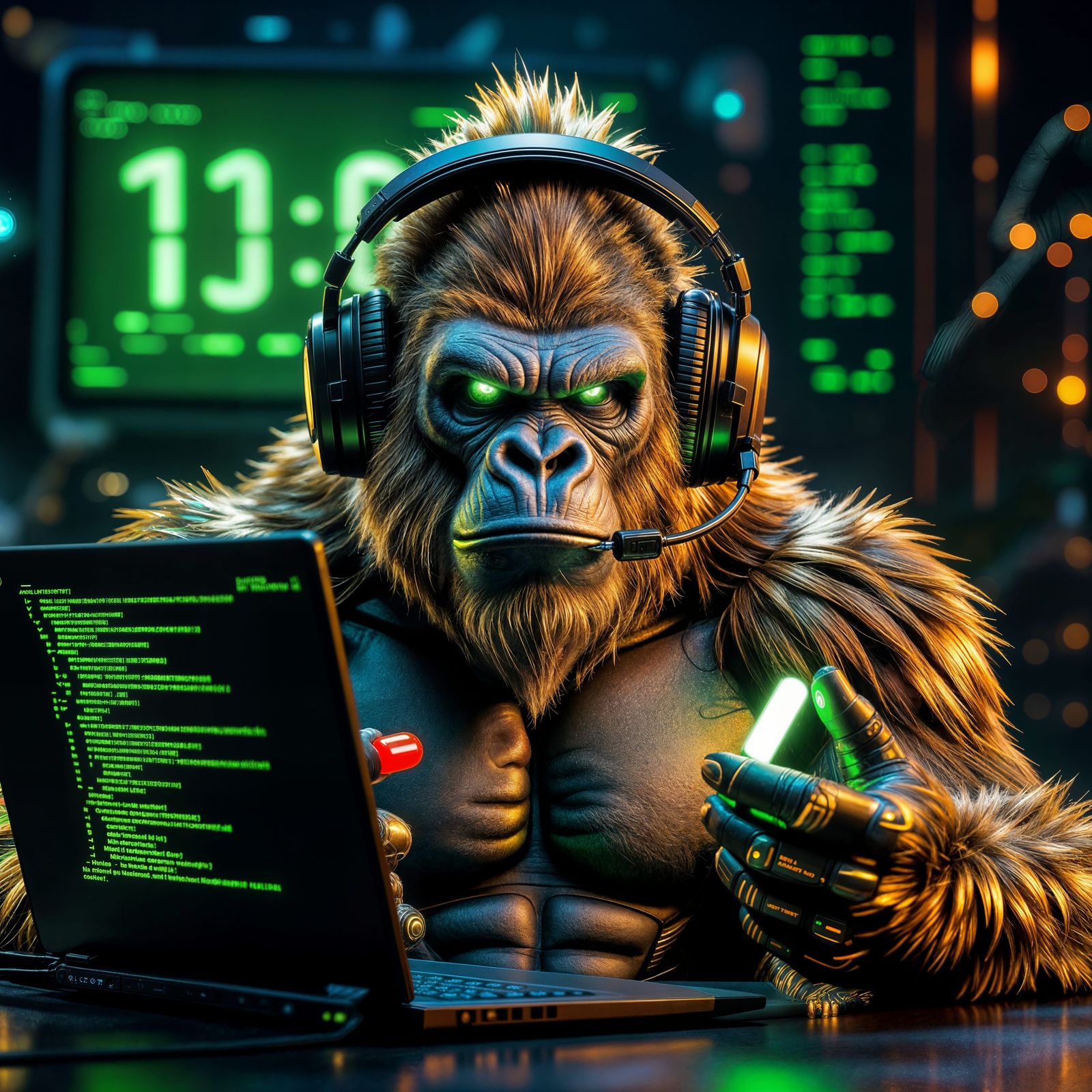 Golden Gorilla Gamer in Sci-Fi Matte Painting