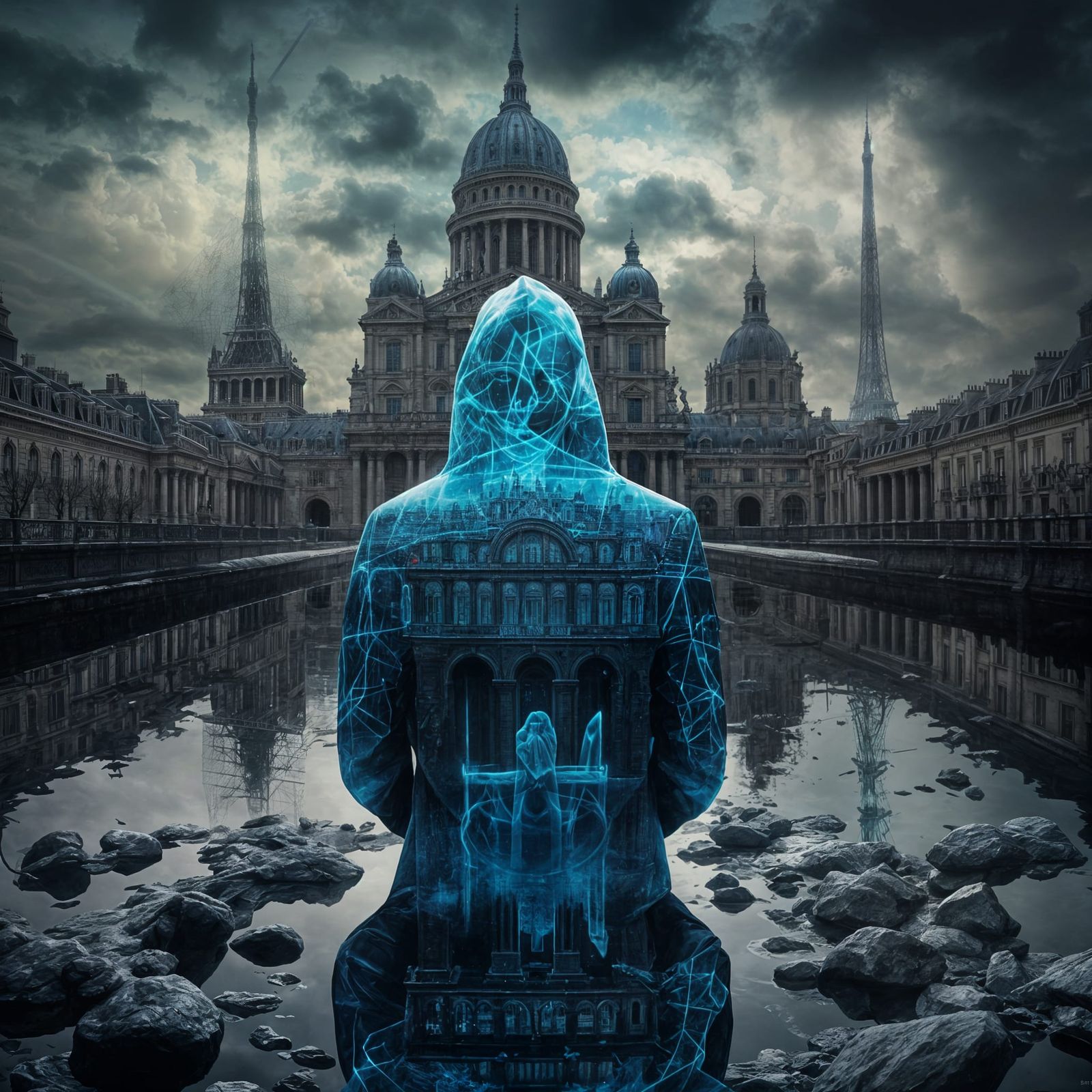 <lora:FlyMoon:1.0>  otherworldly double exposure art on a de...