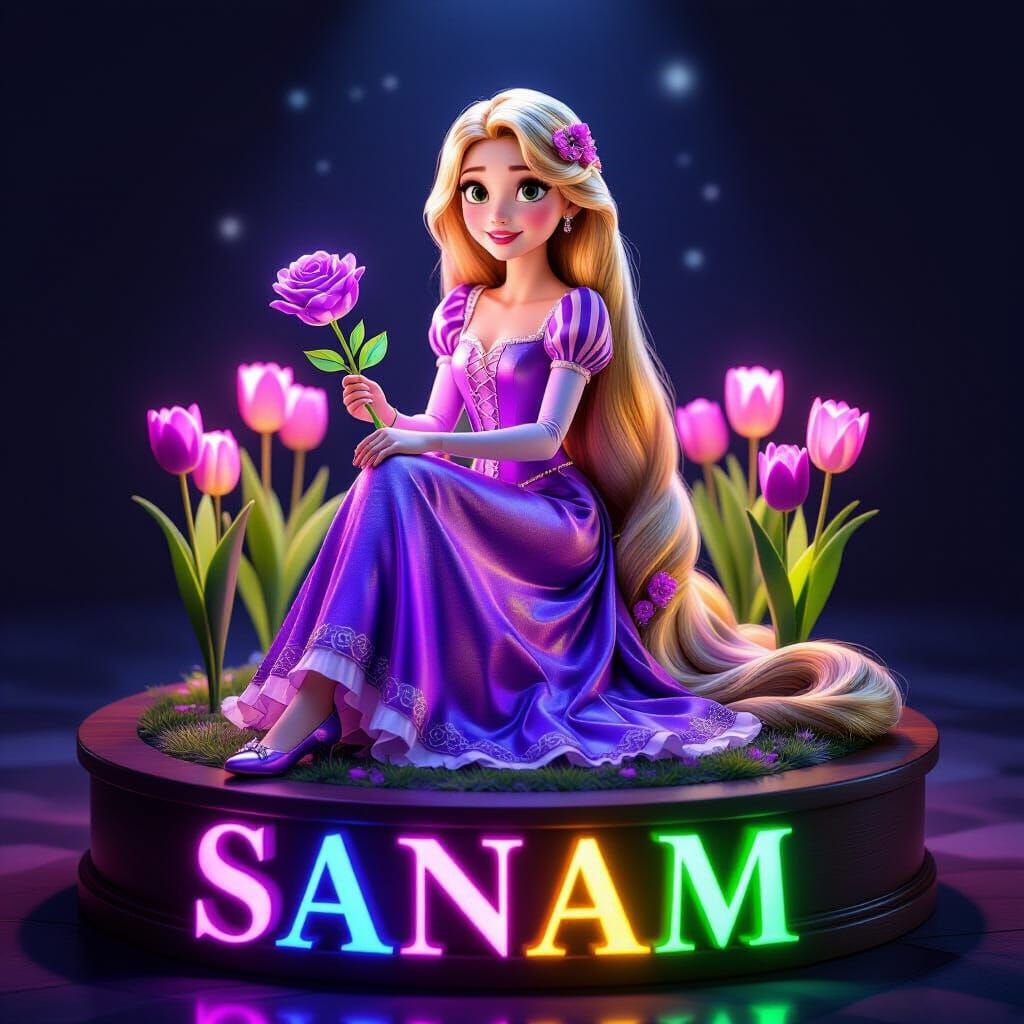 Princess Rapunzel 3D Luxury Art Print with Glowing Tulips