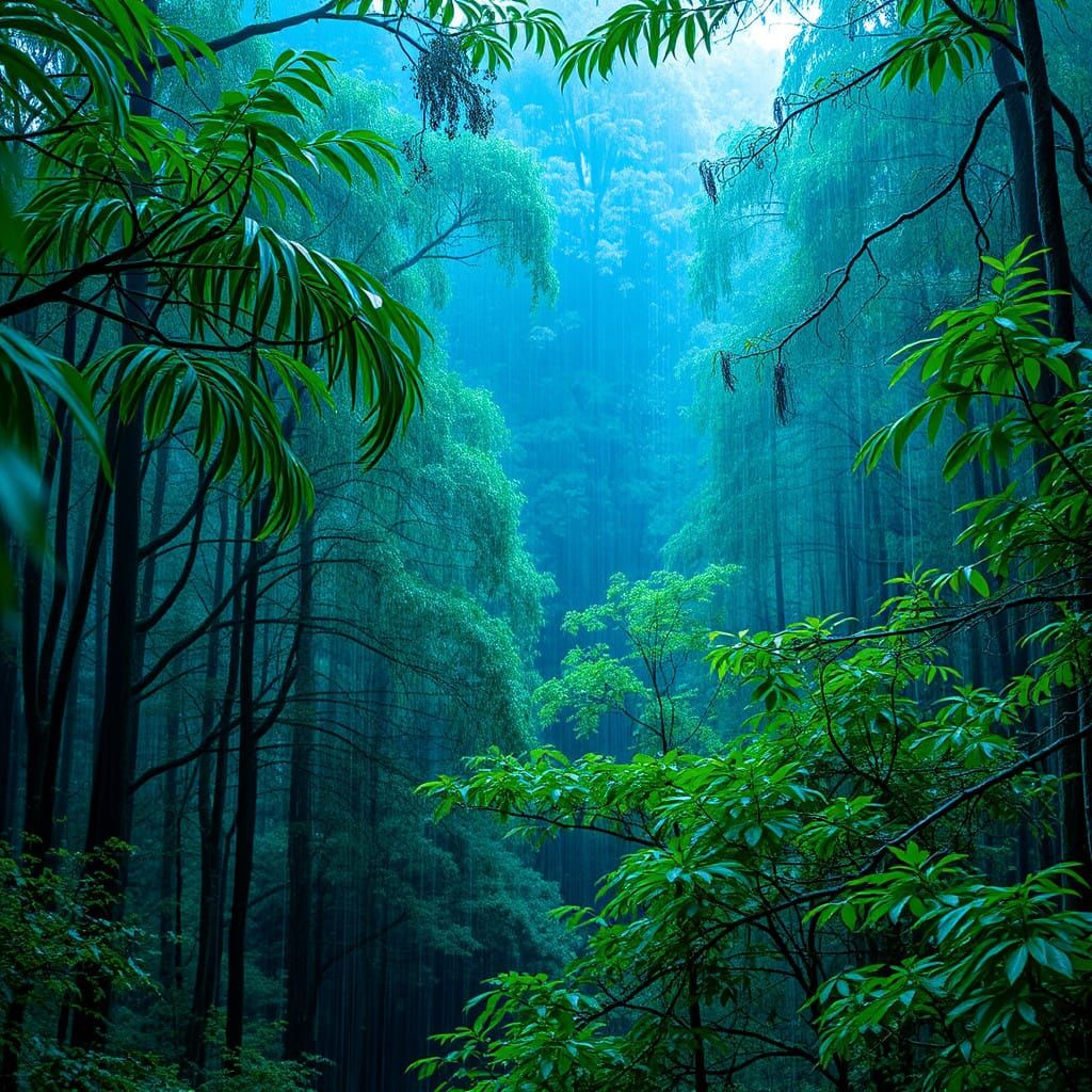 Vibrant Blue Forest Rain Scene