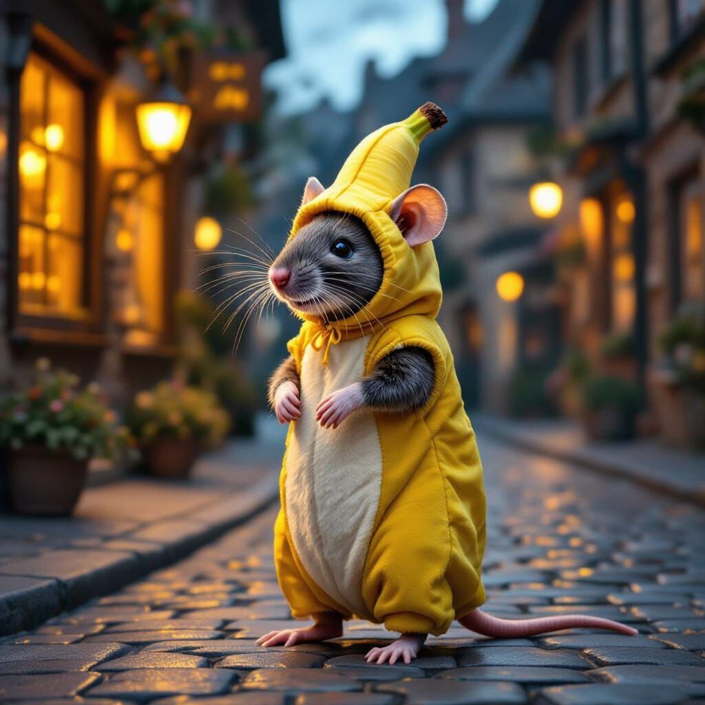 Whimsical Rat in Banana Costume on Cobblestone Street