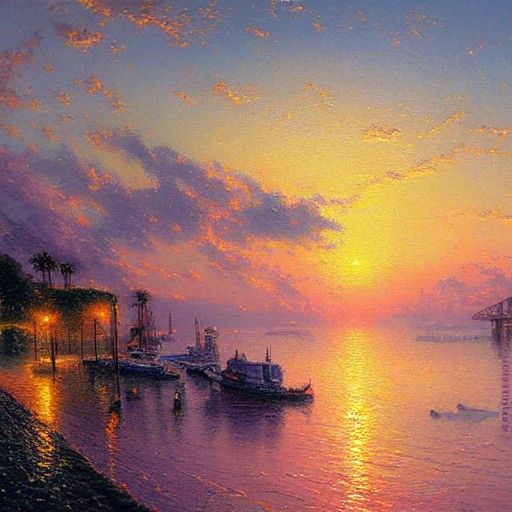 Ethereal Sunset Over Bay as Oil Painting
