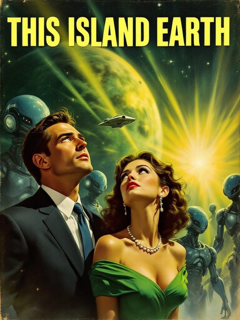 Awe-Struck Couple Faces Alien Menace under Retro-Futuristic...